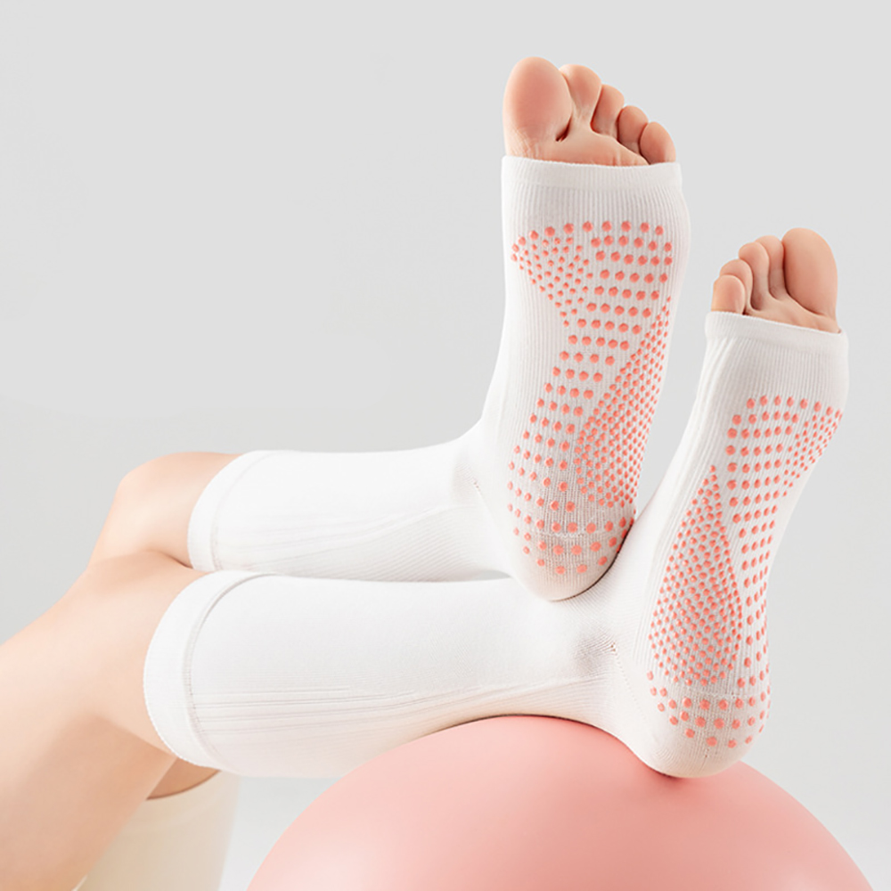 Yoga Mat - ถุงเท้าโยคะแบบเปิดปลายเท้าสำหรับผู้หญิง ถุงเท้าพิลาทิสฟิตเนสกันลื่น ถุงเท้ากีฬาเต้นรำยาวถึงเข่า ถุงน่องรัดกล้ามเนื้อ